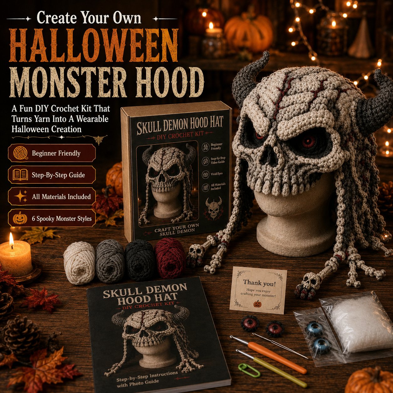 ? LAST DAY 49% OFF – ? Halloween Monster Hood DIY Crochet Kit | Premium Soft Yarn Materials with Step-by-Step Guide DIY Handmade Wearable Character Hood ??✨