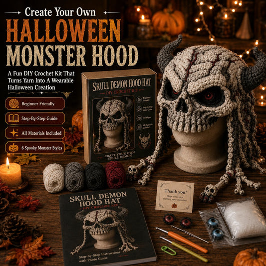 ? LAST DAY 49% OFF – ? Halloween Monster Hood DIY Crochet Kit | Premium Soft Yarn Materials with Step-by-Step Guide DIY Handmade Wearable Character Hood ??✨
