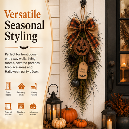 🎃🍂 Rustic Halloween Pumpkin Door Swag – Plaid Bow & Bell Hanging Décor
