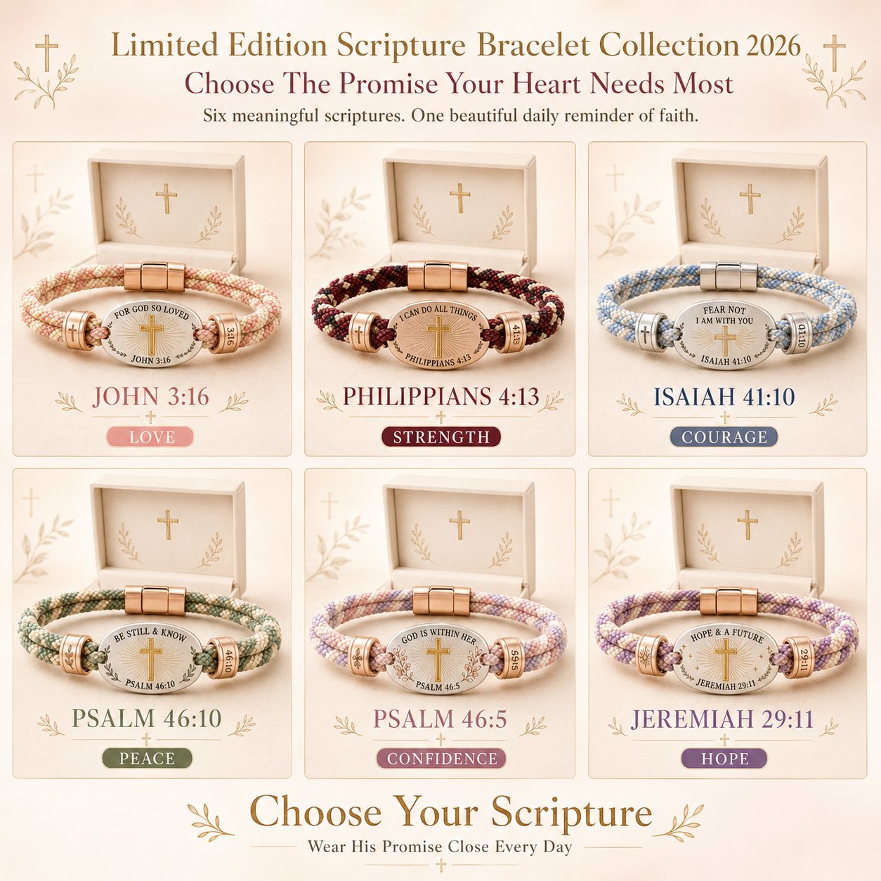 ✝️ Christian Scripture Faith Bracelet Collection | 6 Meaningful Bible Verse Designs with Raised Gold Cross, Magnetic Clasp & Matching Gift Box 💗✨
