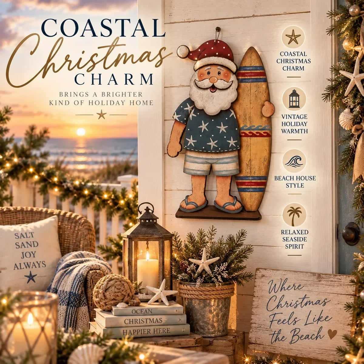 ⏳ Last Day 49% OFF – 🎅🌊 Surfing Santa Christmas Wall Light – Vintage Coastal Holiday Décor with Warm LED Glow & Remote