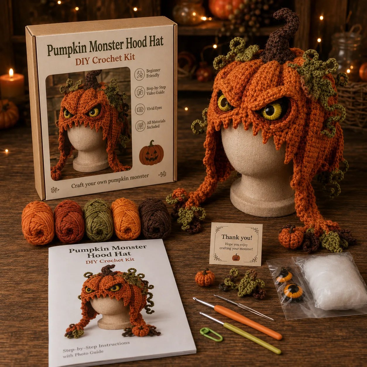 ? LAST DAY 49% OFF – ? Halloween Monster Hood DIY Crochet Kit | Premium Soft Yarn Materials with Step-by-Step Guide DIY Handmade Wearable Character Hood ??✨