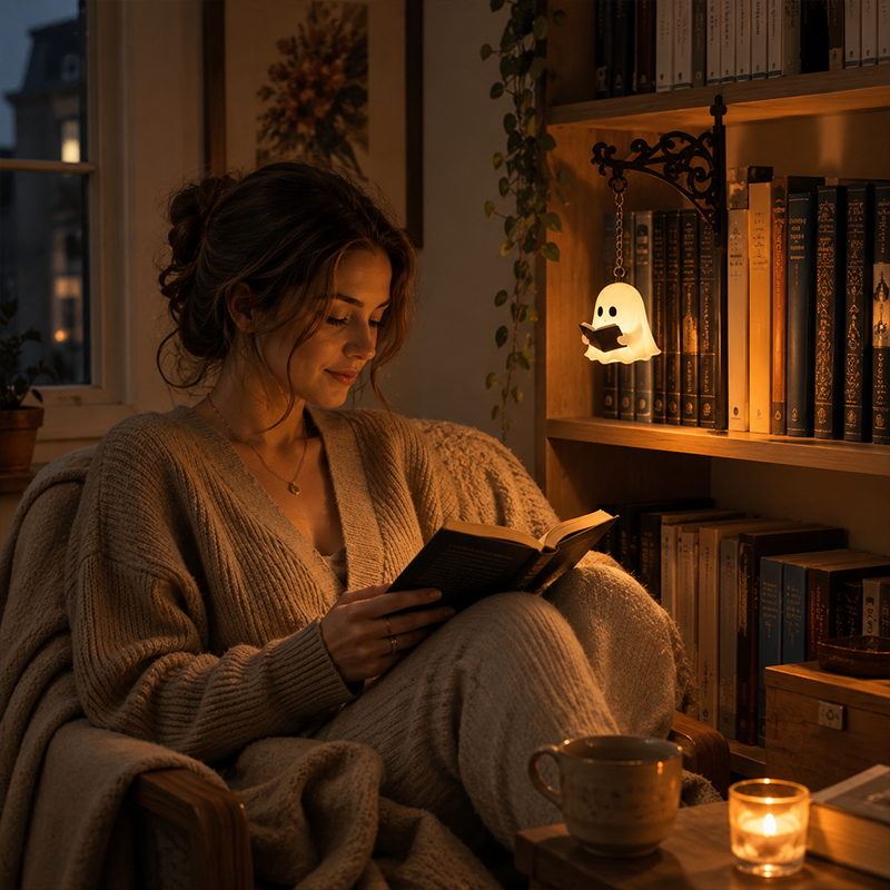 Cozy Reading Ghost Bookshelf Lamp – Warm Glow Shelf Decor for Book Lovers