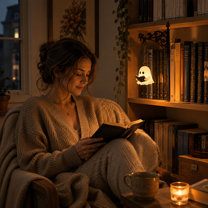 Cozy Reading Ghost Bookshelf Lamp – Warm Glow Shelf Decor for Book Lovers