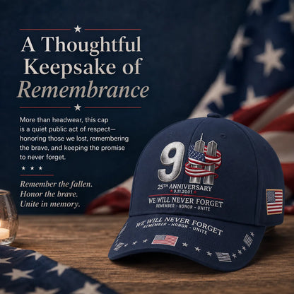 9/11 25th Anniversary We Will Never Forget Embroidered Memorial Baseball Cap – Unisex Patriotic Memorial Hat🧢 100% Cotton