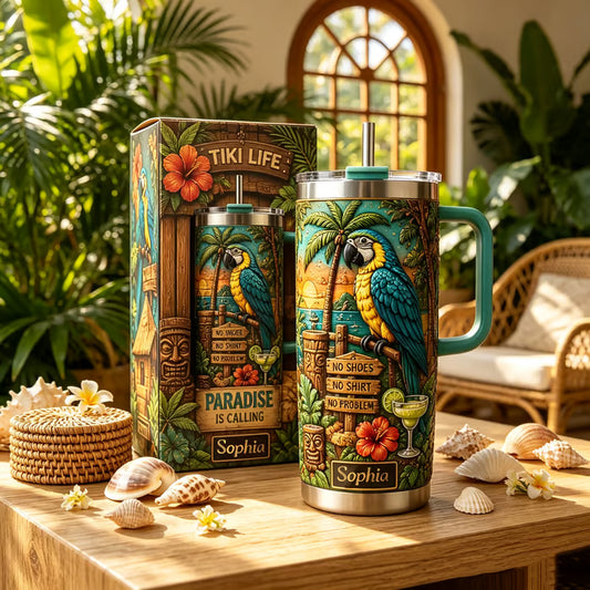 🦜 Personalized Tiki Life Tropical Parrot Beach Handle Tumbler