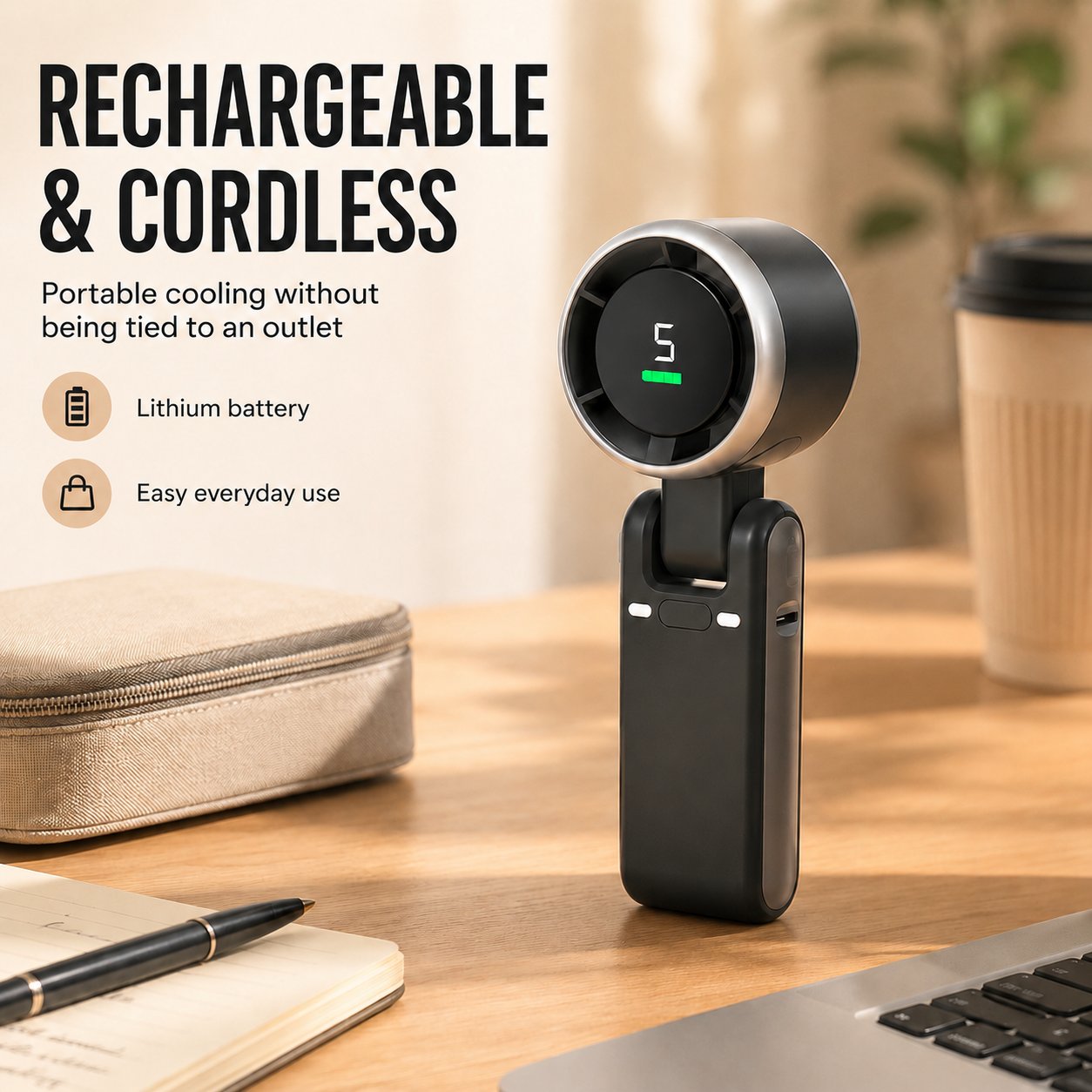 Foldable Handheld Neck Fan With Digital Display