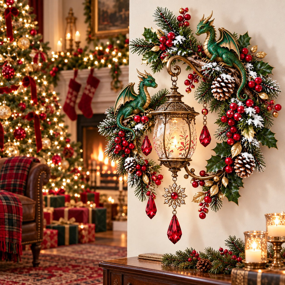 🐉 Christmas Dragon Keeper Lighted Wall Wreath Lamp - A Little Christmas Magic, Guarded by Dragons ✨