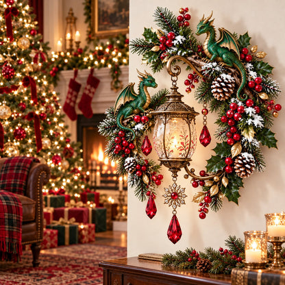 🐉 Christmas Dragon Keeper Lighted Wall Wreath Lamp - A Little Christmas Magic, Guarded by Dragons ✨