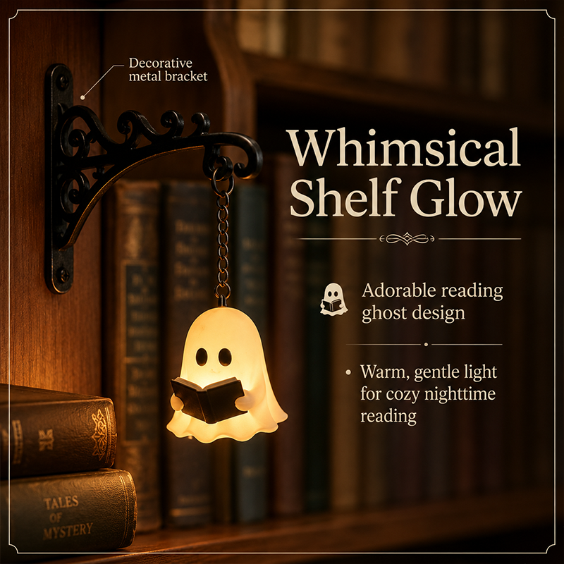 Cozy Reading Ghost Bookshelf Lamp – Warm Glow Shelf Decor for Book Lovers