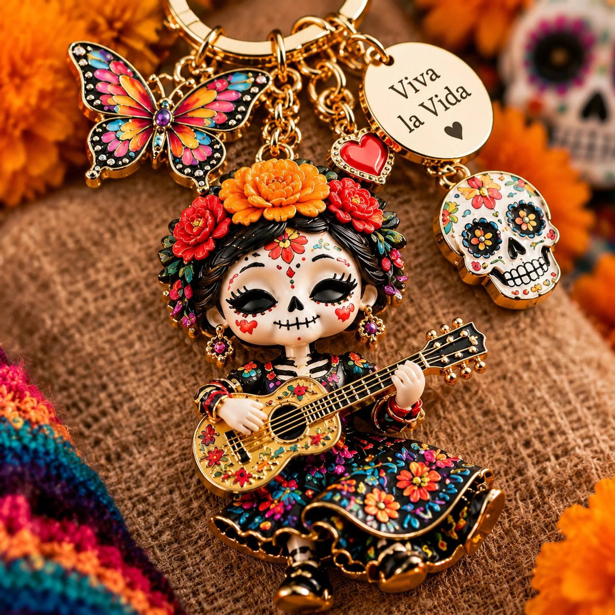Día de Muertos Charm Keychain | 4 Colorful Floral & Skull-Inspired Styles