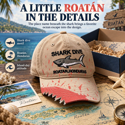 🦈 Shark Bite Baseball Cap | Embroidered Shark • Bite-Shaped Frayed Brim