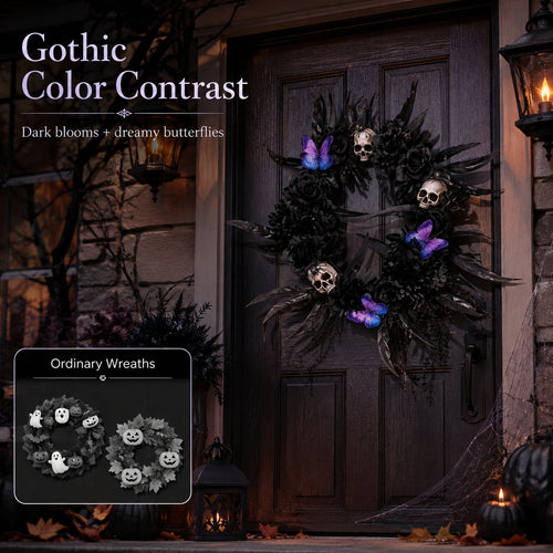 Gothic Wreath with Black Roses & Butterflies, Elegant Decor for Halloween Entryway