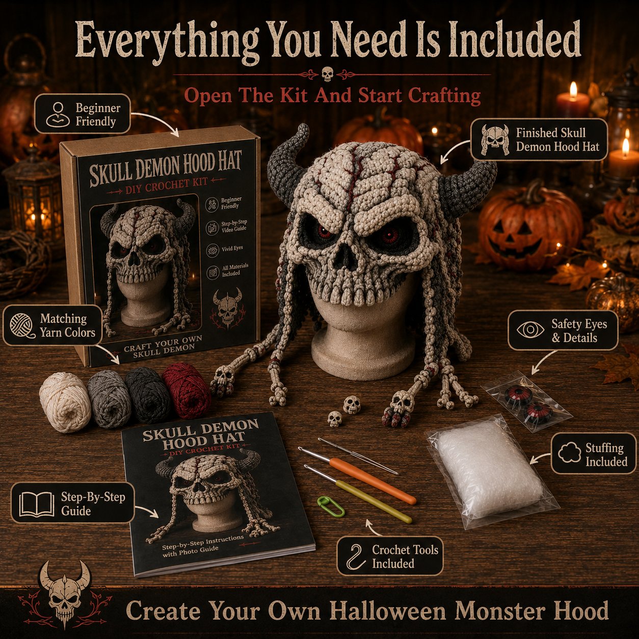 ? LAST DAY 49% OFF – ? Halloween Monster Hood DIY Crochet Kit | Premium Soft Yarn Materials with Step-by-Step Guide DIY Handmade Wearable Character Hood ??✨