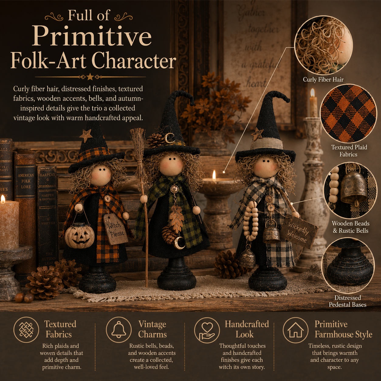 Rustic Halloween Witch Trio, Set of 3 – Primitive Farmhouse Tabletop Décor