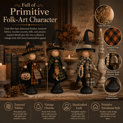 Rustic Halloween Witch Trio, Set of 3 – Primitive Farmhouse Tabletop Décor