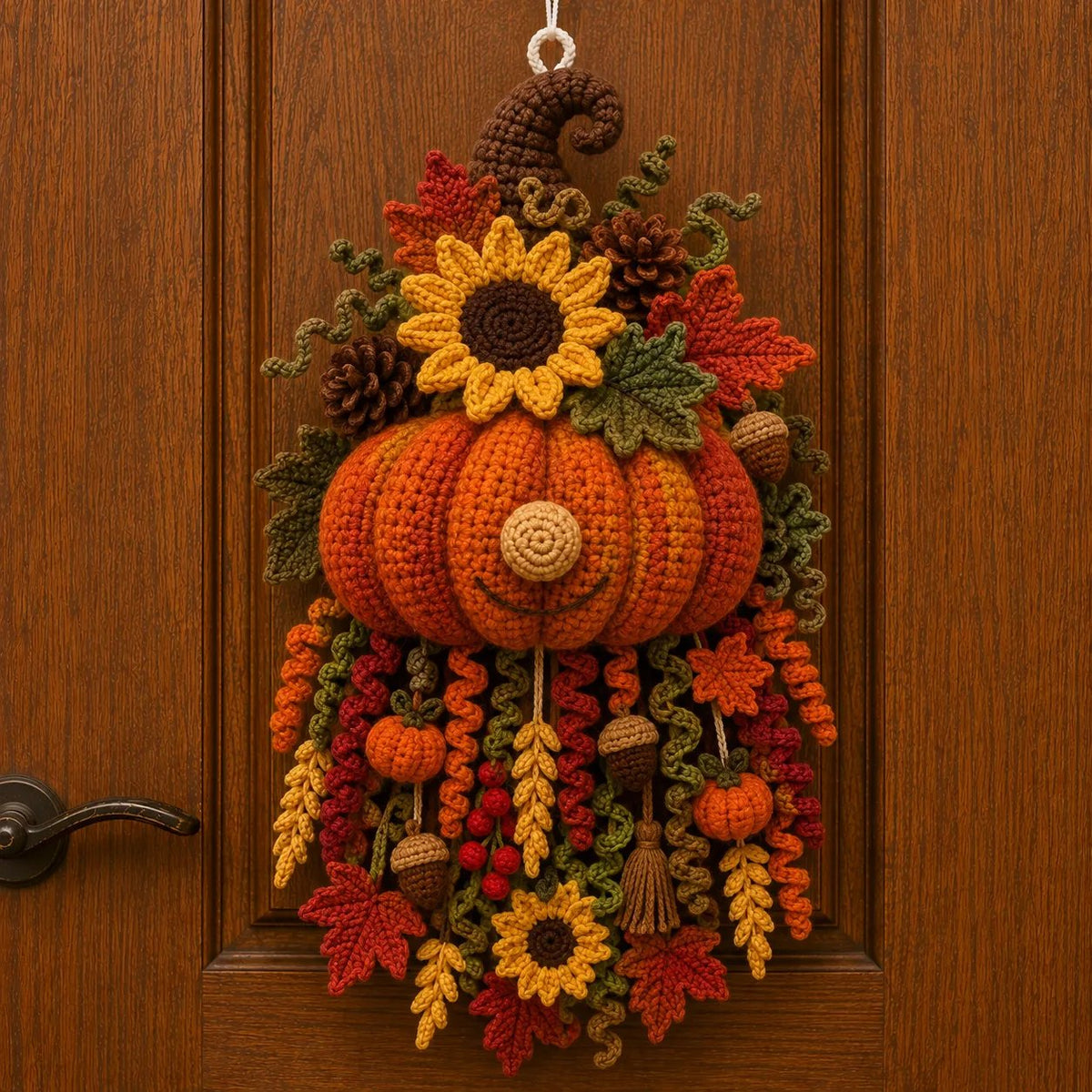 Finished seasonal 3D crochet door hanger displayed on a front door