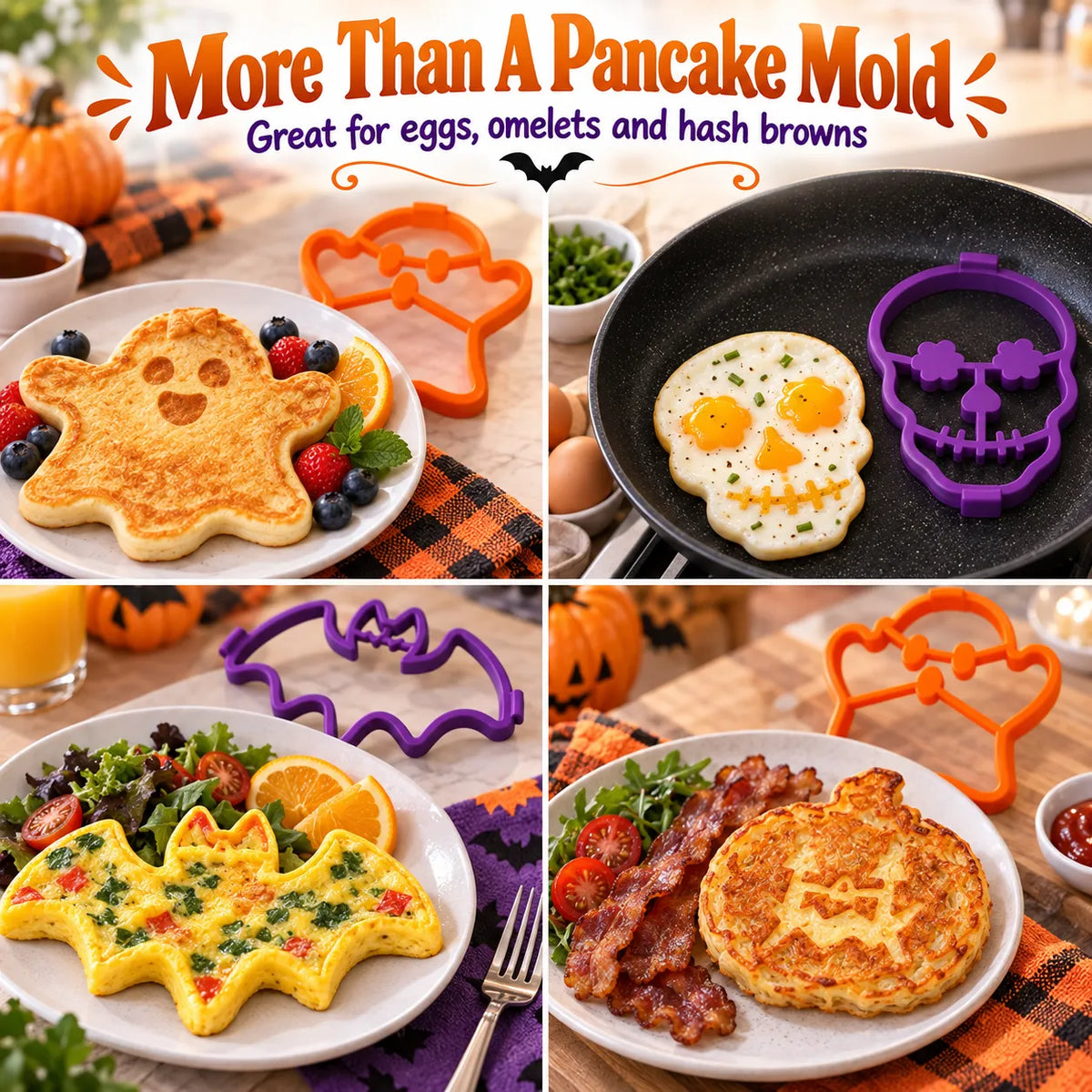 🎃🍳 Spooky Breakfast Shape Set – 4 Reusable Molds for Pancakes, Eggs & Halloween Fun