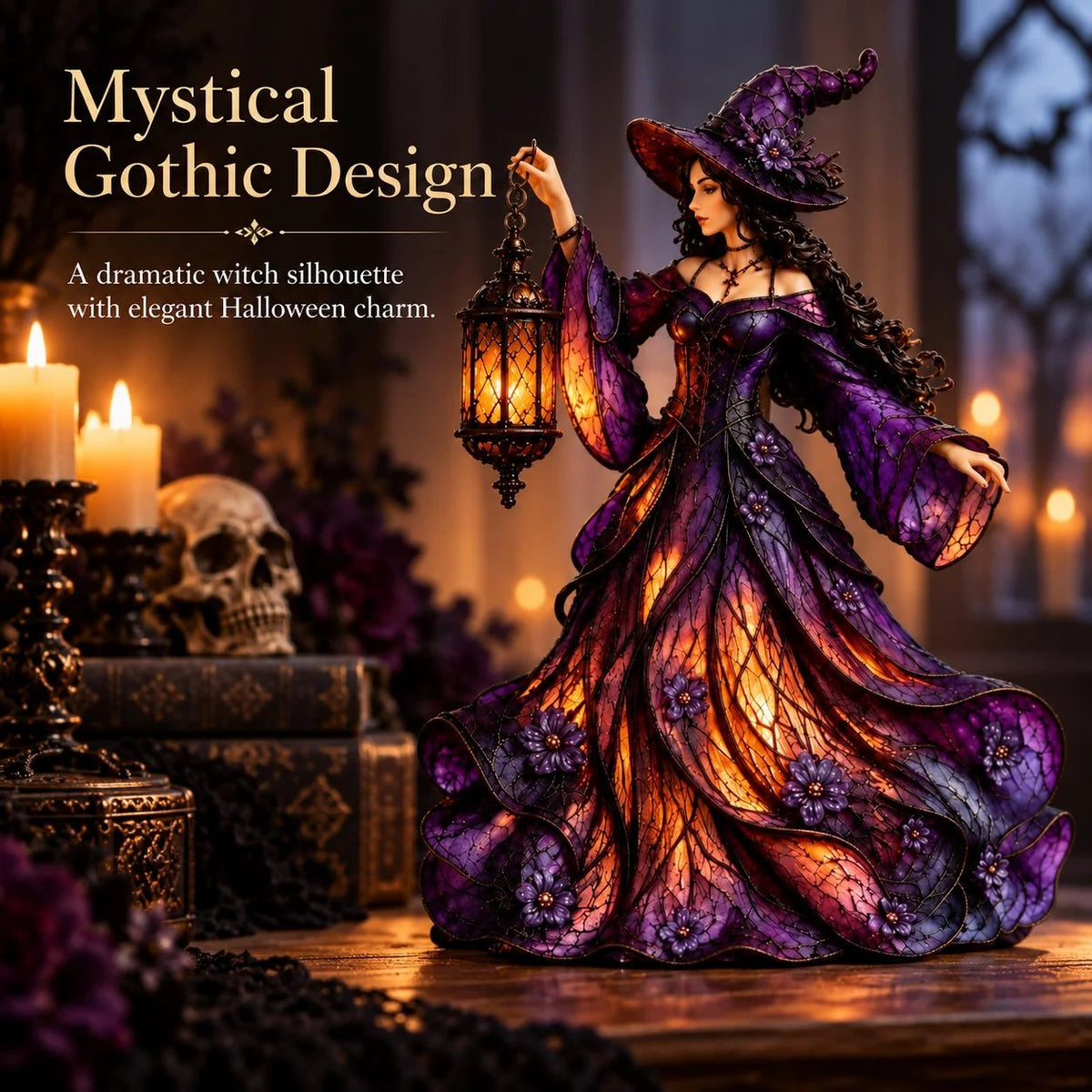 🧙 Gothic Witch Lantern Figurine | Warm LED Glow for Shelves, Mantels & Halloween Displays 🎃