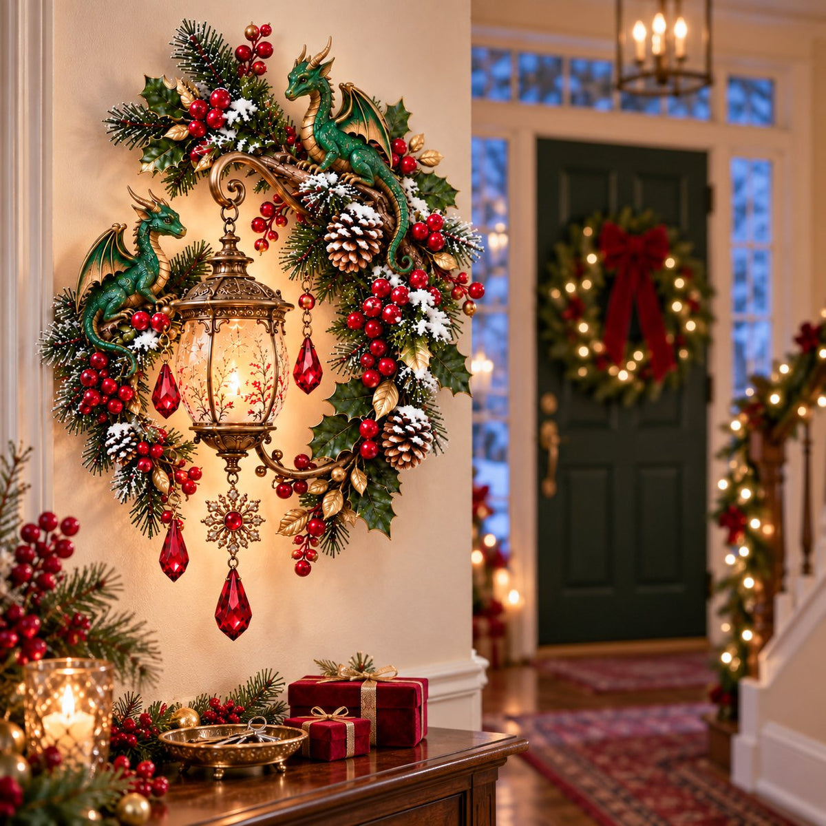 🐉 Christmas Dragon Keeper Lighted Wall Wreath Lamp - A Little Christmas Magic, Guarded by Dragons ✨