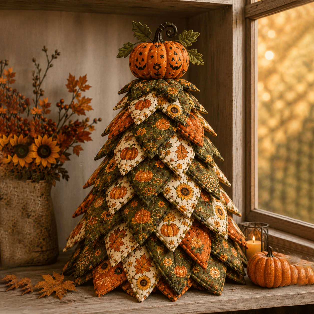 🎃✨ Lighted Halloween Quilted Fabric Tree – Cozy Handmade Glow Decoration