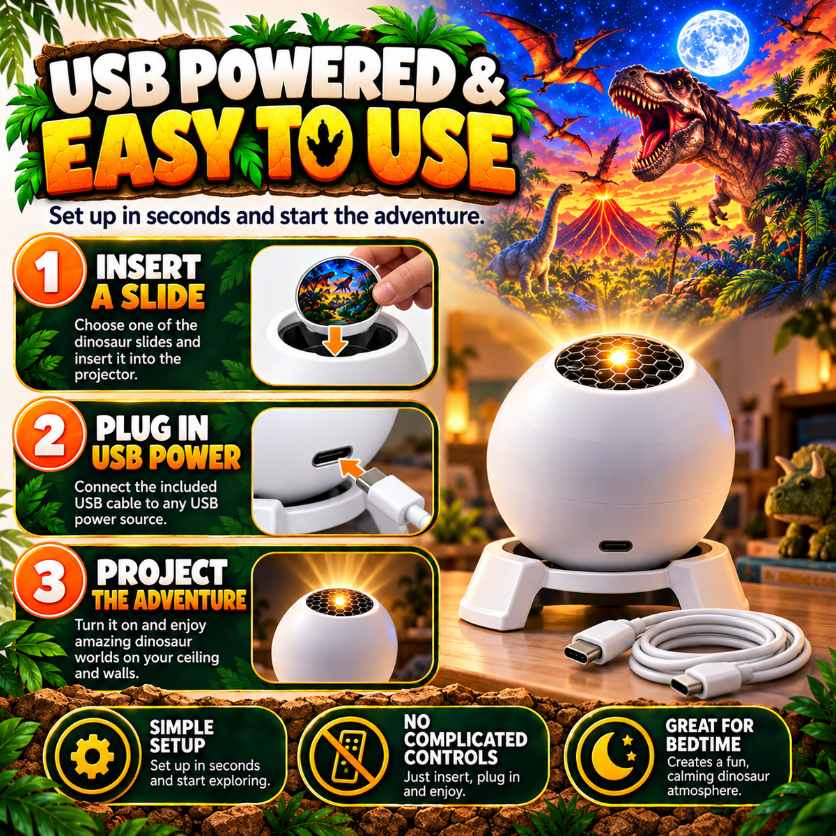 USB dinosaur projector easy setup instructions