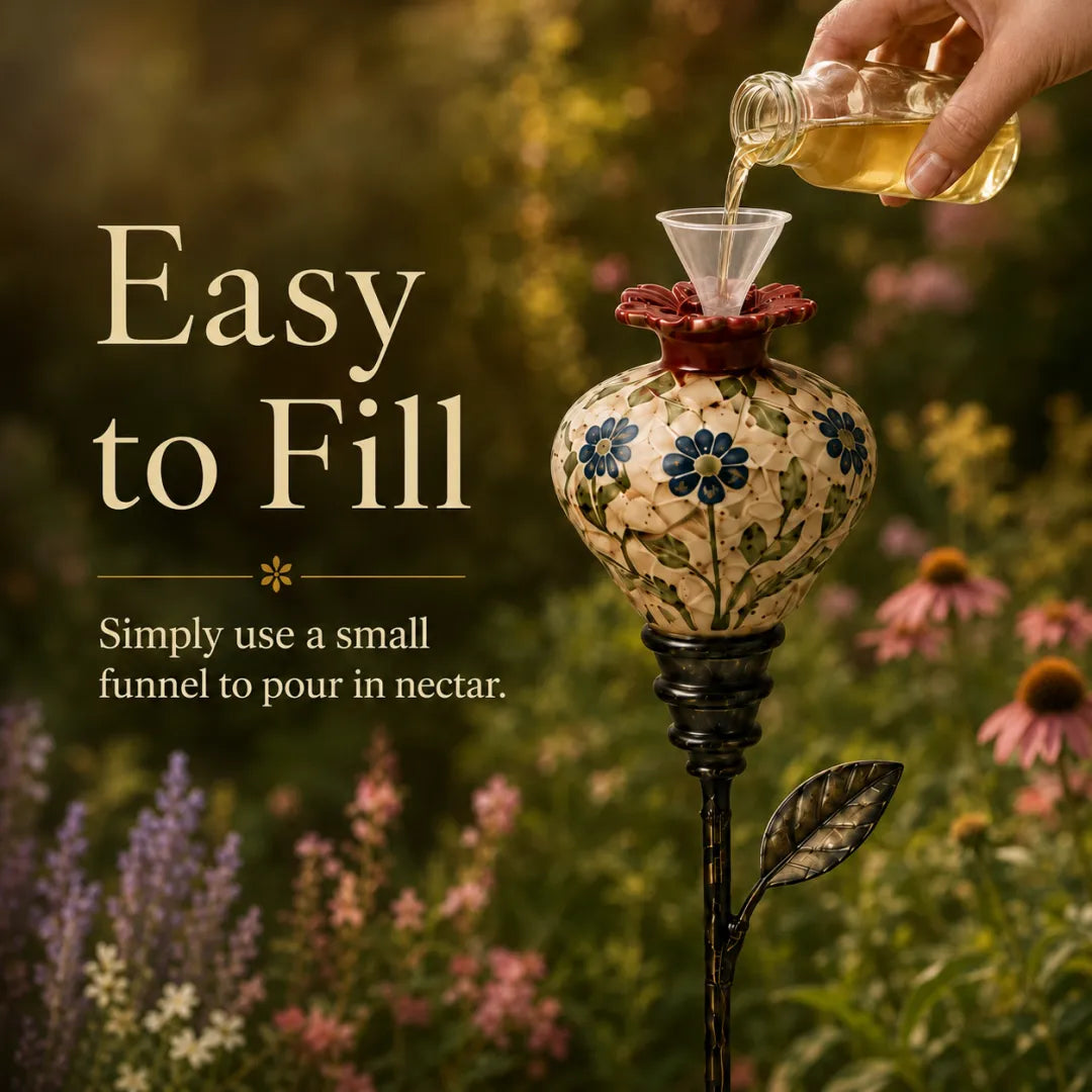 Filling the ceramic hummingbird feeder with nectar using a small funnel