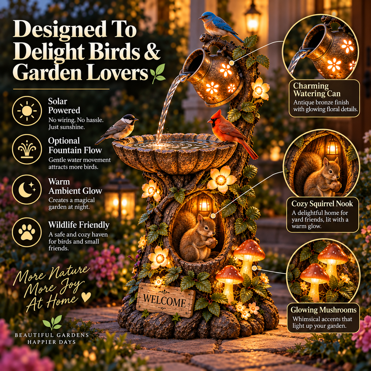 Solar birdbath garden decor features
