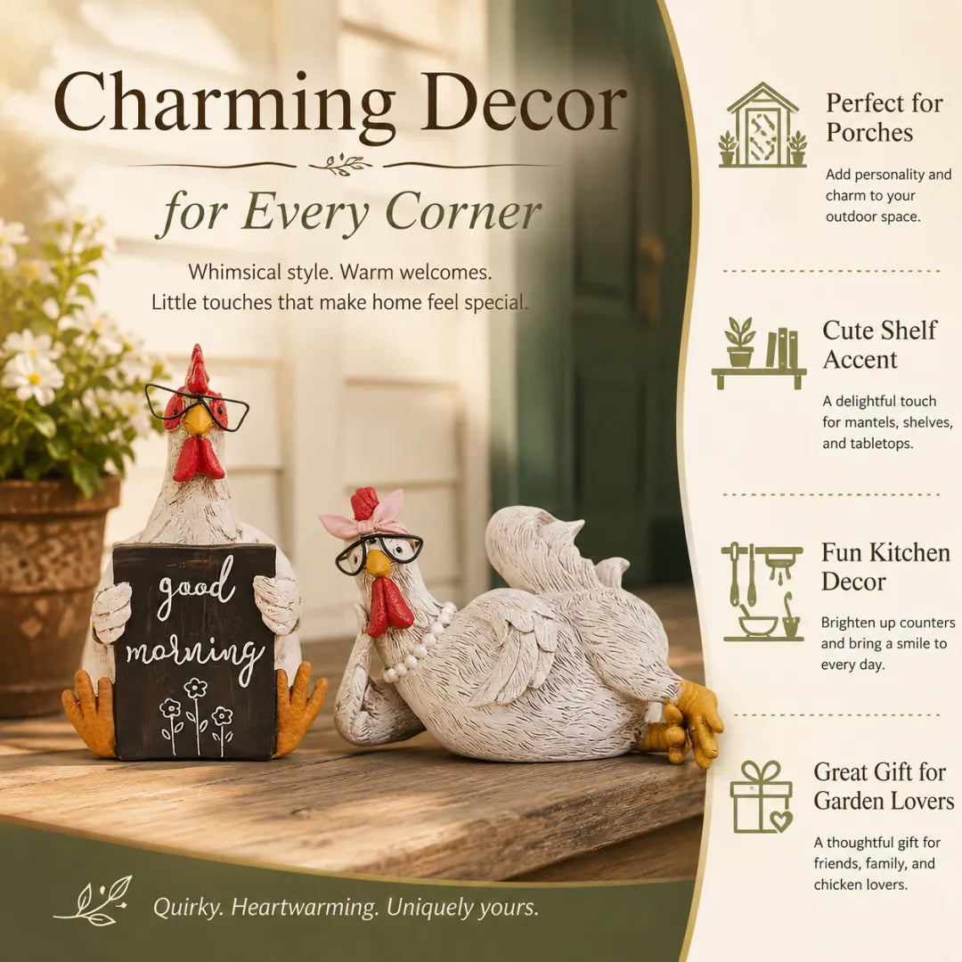 Chicken decor displayed around a farmhouse home
