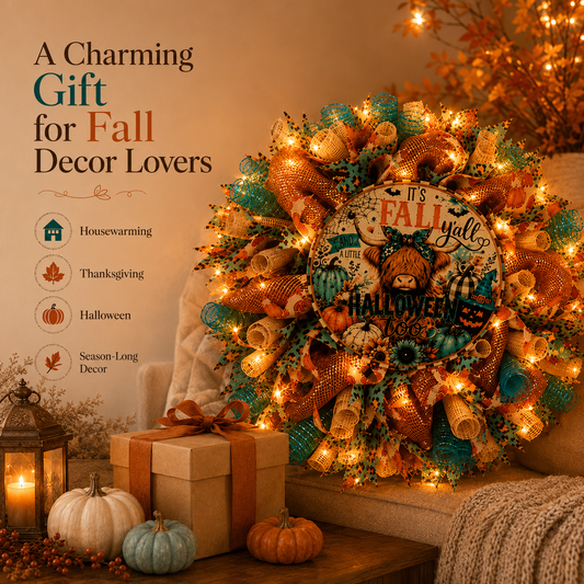 🐮🍂Lighted Highland Cow Fall Halloween Wreath for Front Door