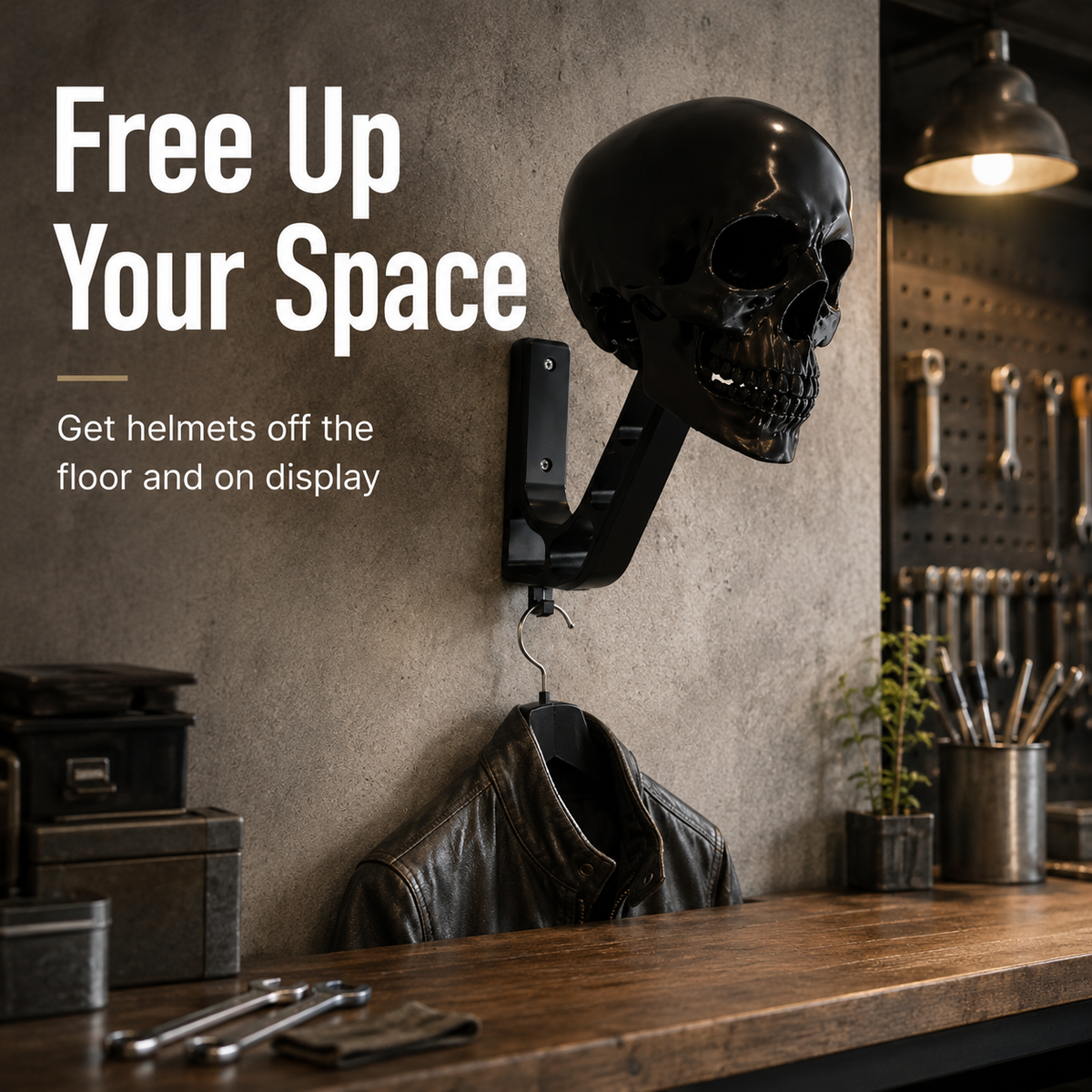 Skull helmet wall holder helping free garage storage space