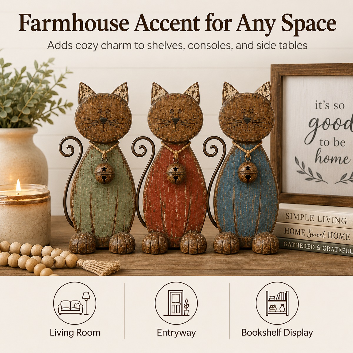 The Little Farmhouse Guardian Cat - Vintage Rustic Metal Cat Decor with Bell Pendant
