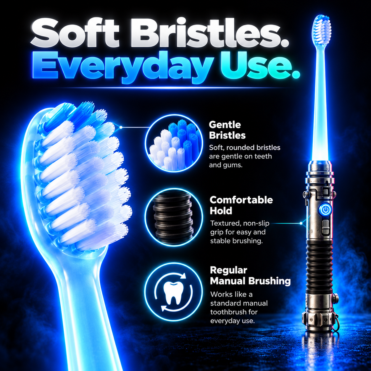 Close-up of the soft toothbrush bristles and textured handle