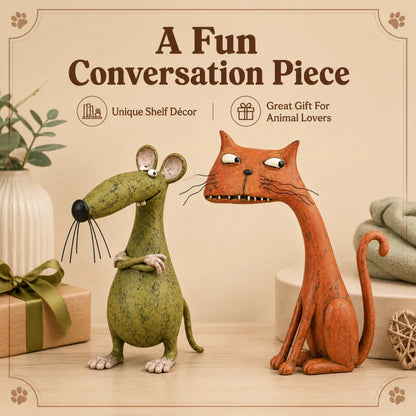 🐱🐭 Mischievous Cat & Mouse Shelf Companions – Vintage Quirky Animal Decor