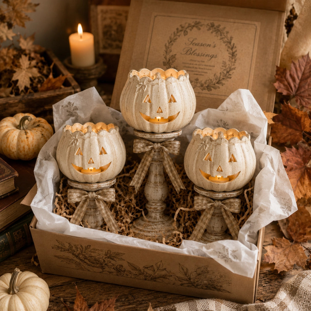 Set of 3 Vintage White Pumpkin Tealight Candle Holders