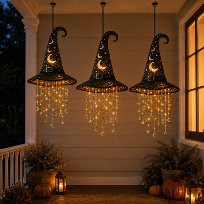 Lighted Witch Hat Hanging Decor with Cascading Stars