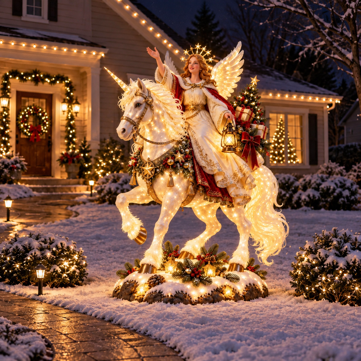 Christmas Angel Rider Lighted Statue – Illuminated White Horse Holiday Yard Decor