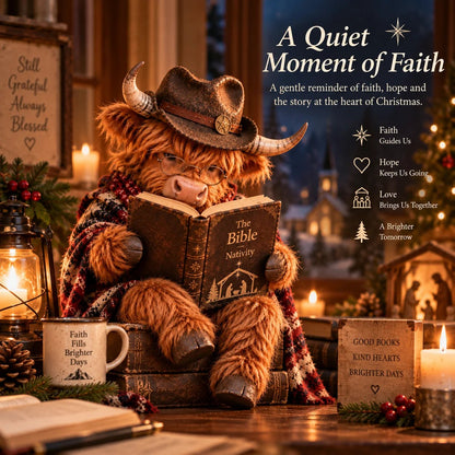 Highland Cow Bible Nativity Figurine | Bookish Christmas Faith Décor for Shelves, Desks & Meaningful Gifts 🎄