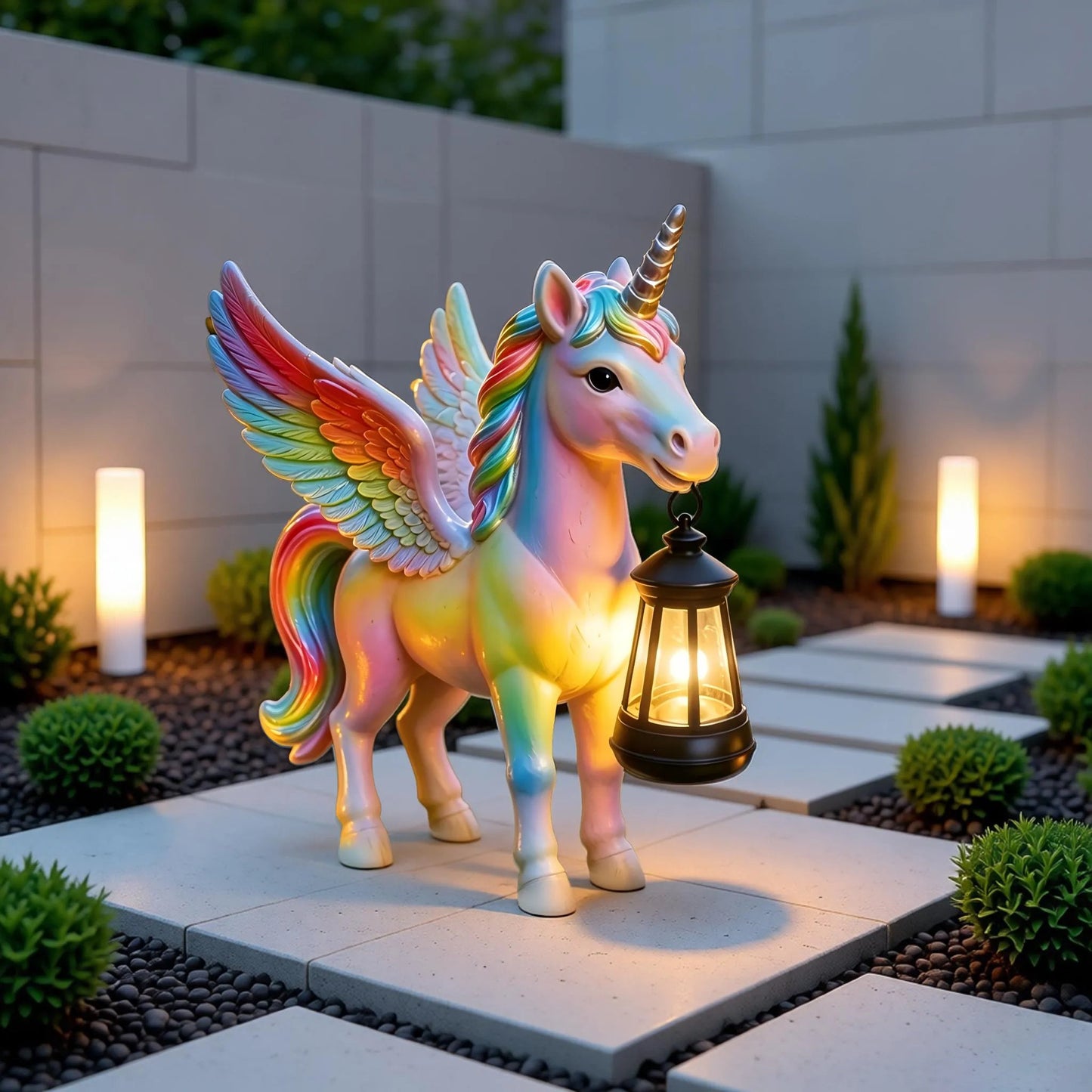 🌈✨Rainbow Winged Unicorn Solar Garden Statue with Lantern Light✨🌈