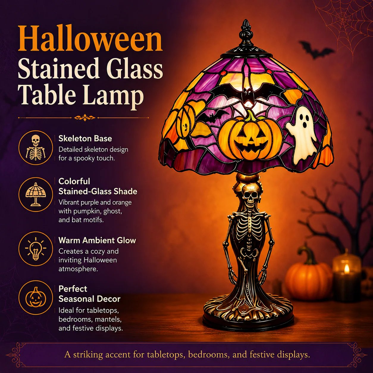 ✨Tiffany Lamp🎃👻Retro Halloween Painted Glass Table Lamp