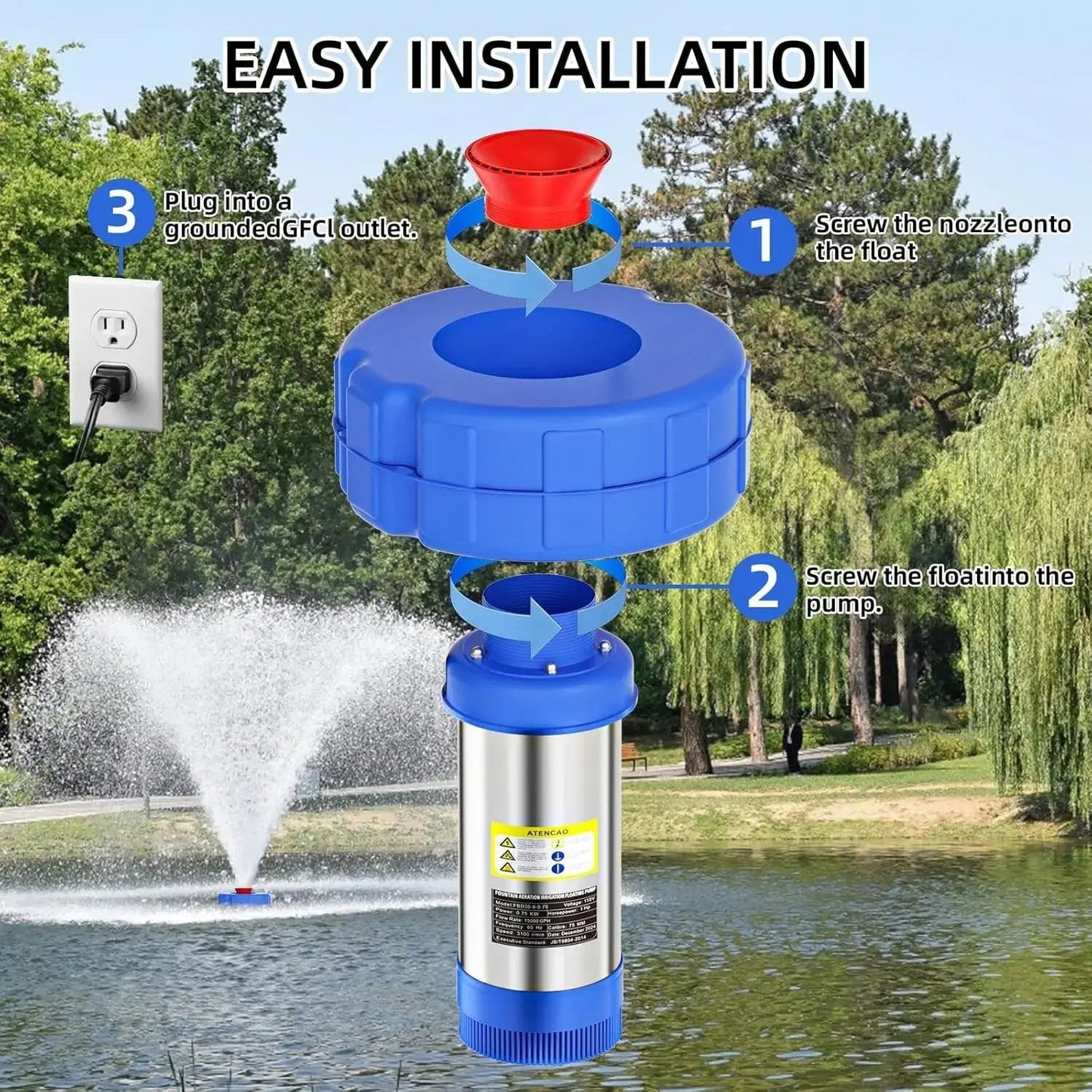 1 HP High-Performance Floating Pond Fountain Aerator – 15,000 GPH Automatic Aeration System for Large Ponds & Lakes