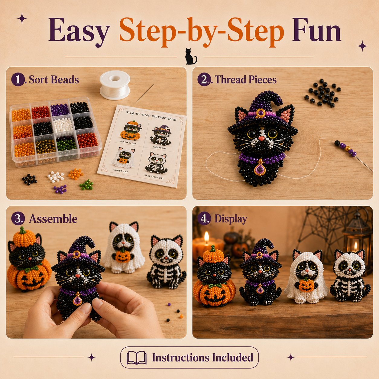 🐈‍⬛🎃 Premium 3D Beaded Halloween Cat DIY Kit | Luxury Flocked Canvas with Scratch-Resistant Non-Fading Pearl Beads DIY Spooky Decor & Step-by-Step Guide ✨