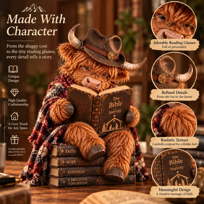 Highland Cow Bible Nativity Figurine | Bookish Christmas Faith Décor for Shelves, Desks & Meaningful Gifts 🎄