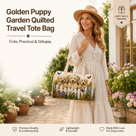 Golden Puppy Garden Quilted Travel Tote Bag