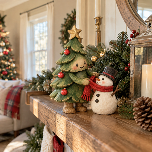🎄 Christmas Tree & Snowman Figurine – Hand-Painted Rustic Holiday Tabletop Decor for Home & Christmas Gifts ☃️