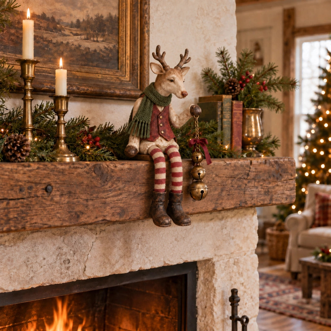 Vintage old reindeer shelf sitter on Christmas mantel