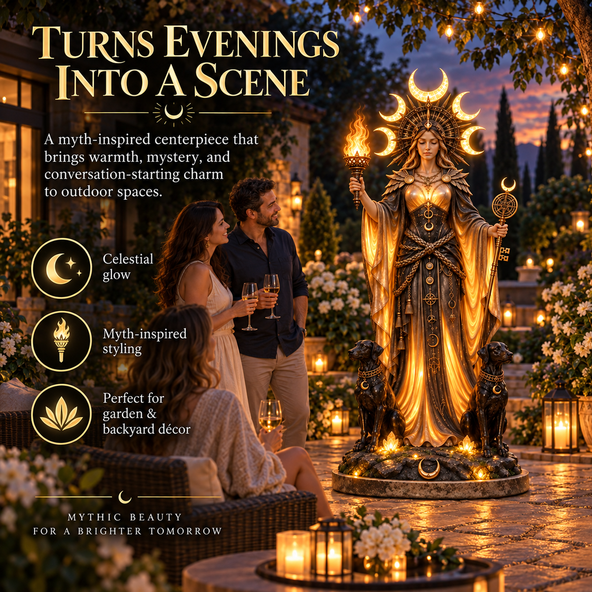 🌙🔥 Hecate Goddess Guardian Statue | Lighted Triple Moon Goddess with Twin Hounds, Torch & Key🎁