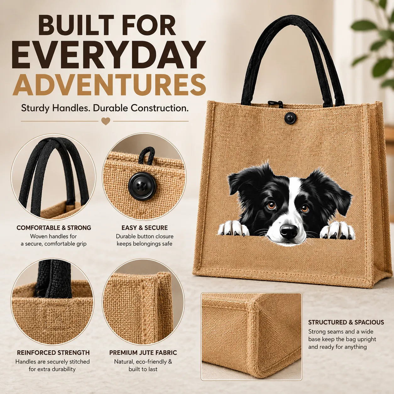 🐶 Peeking Dog Jute Tote Bag | Cute Reusable Shopping Bag for Dog Lovers & Dog Moms 🐾