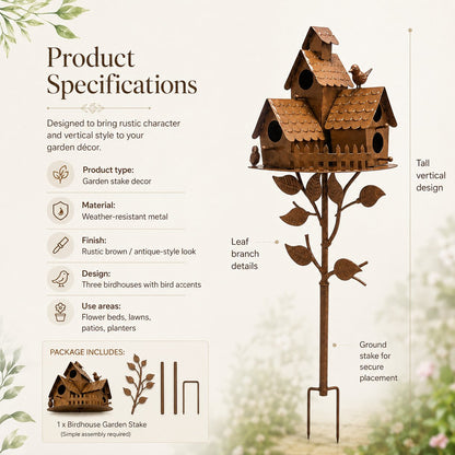 Rustic Outdoor Birdhouse Yard Stake for Garden,Lawn, Flower Bed & Patio Decor