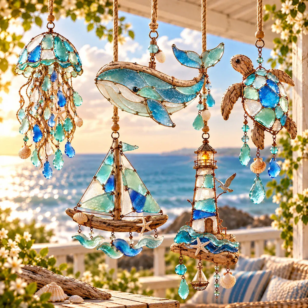 🌊✨ Sea Glass Coastal CharmsTM – Handcrafted Ocean Suncatcher Hanging Ornament Collection